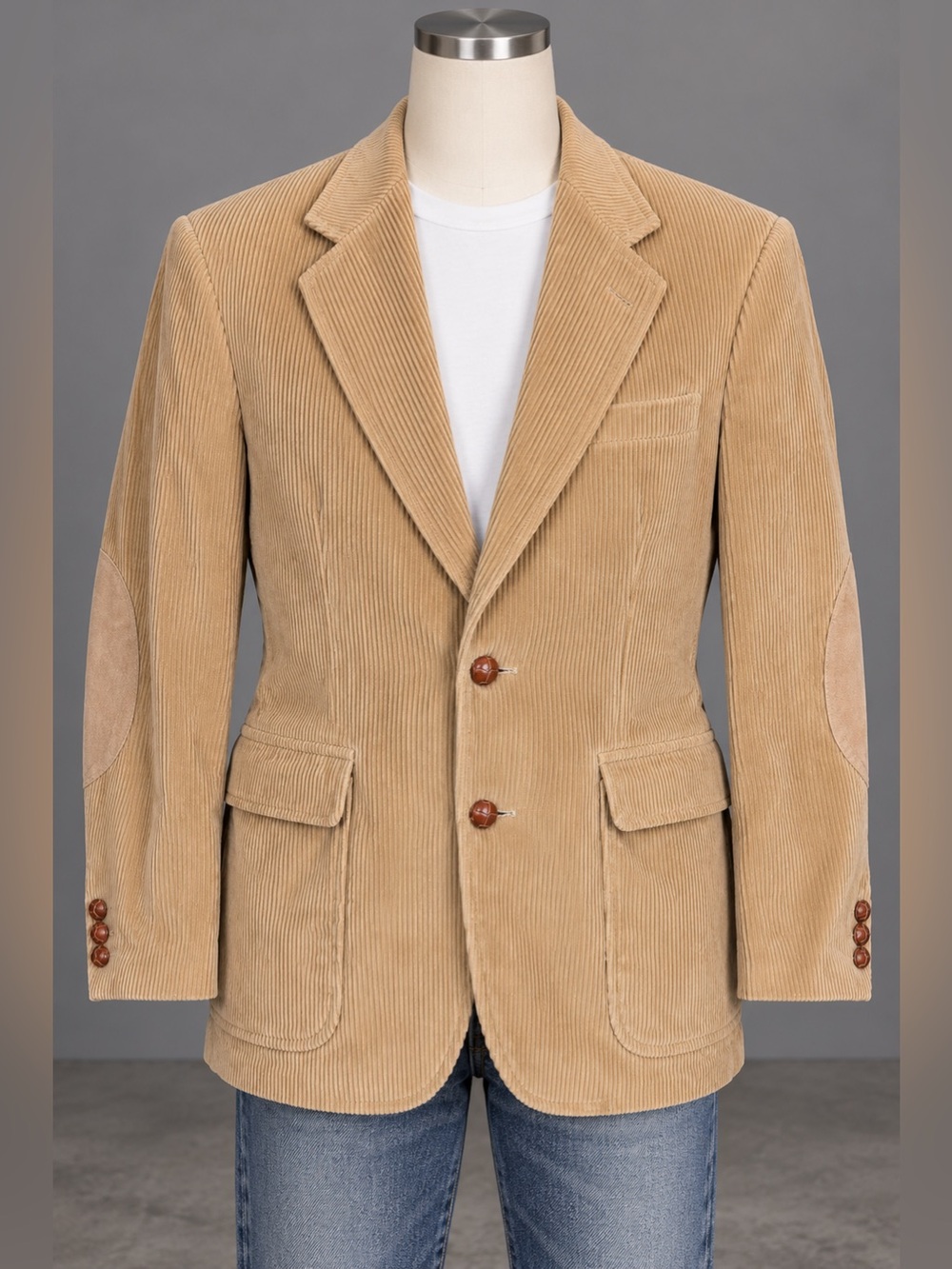 Jordache Vintage Men’s 36R Tan Corduroy Blazer Elbow Patches Wood Buttons